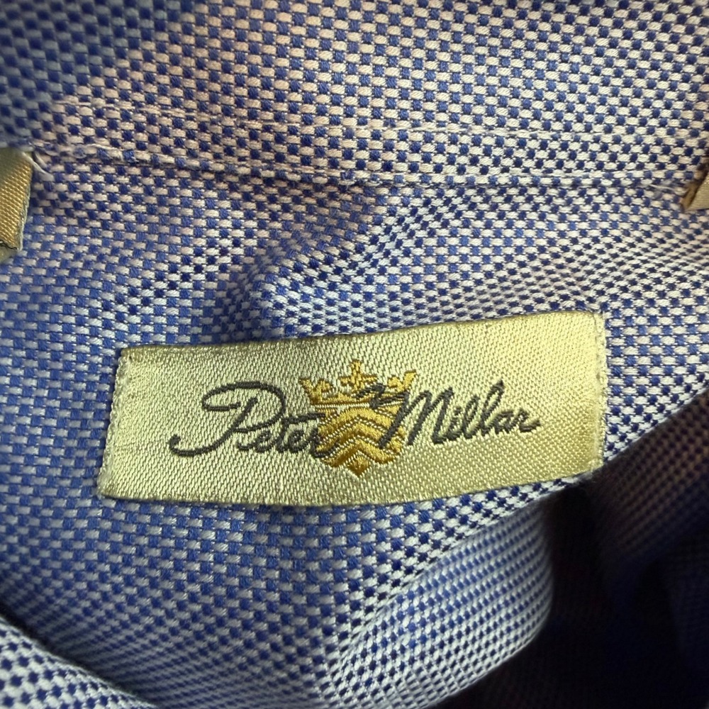 Peter Millar Mens Blue Micro Check 100% Cotton Button Down Shirt Size Medium